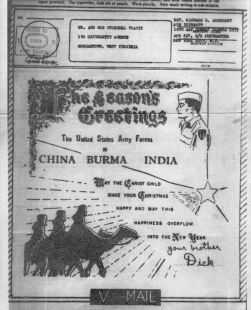 View of V-Mail with drawing and text conveying Seasons Greetings from China Burma India graphic.